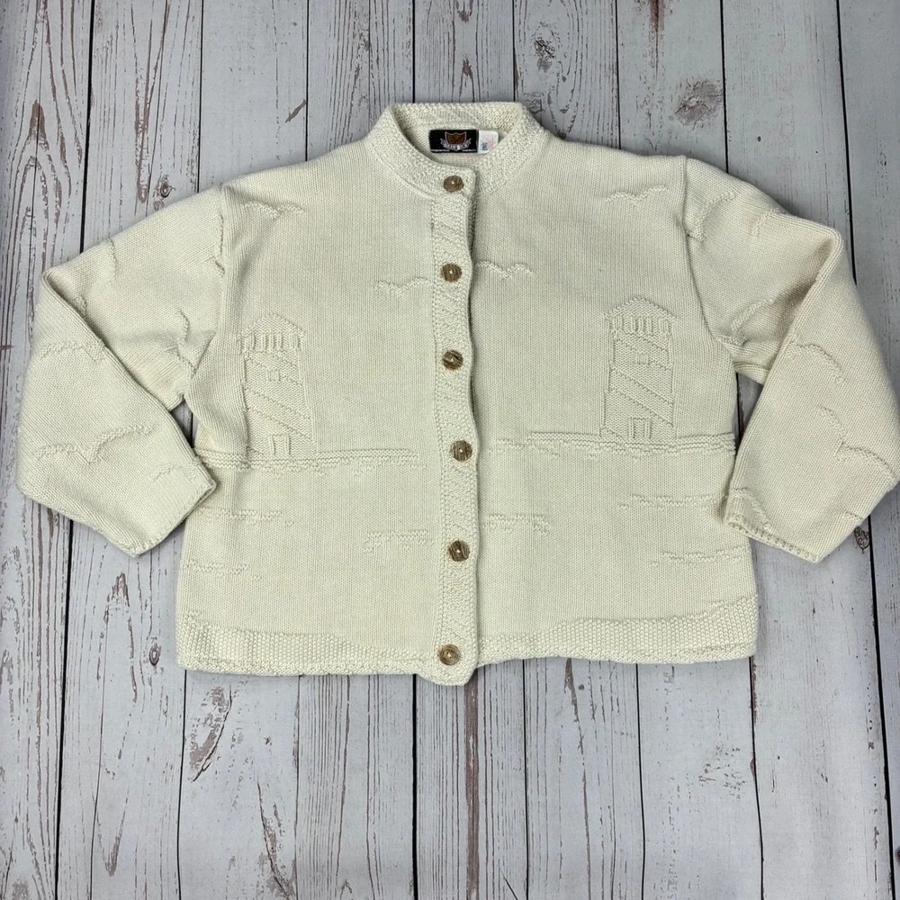 Brimwick Custom Knitwear Cream Cotton Lighthouse Nautical Cardigan Sweater XL